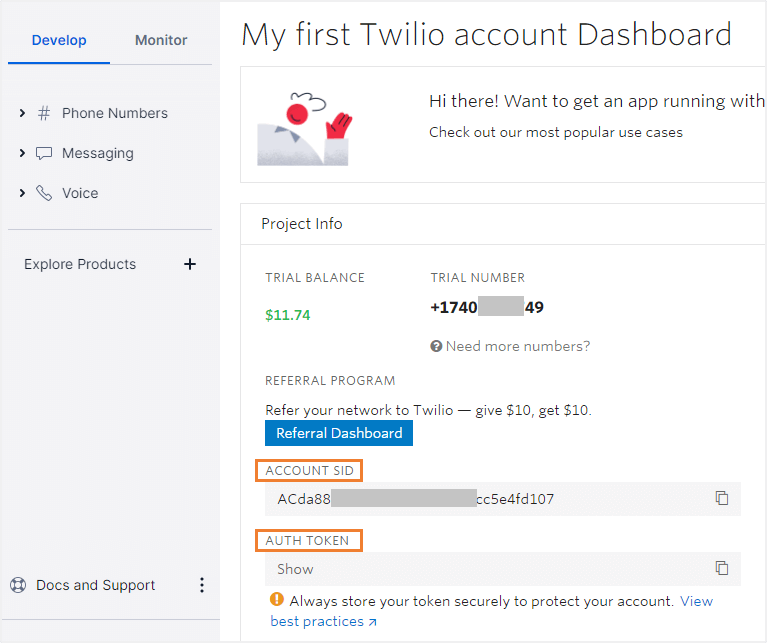 copy SID and Auth Token from Twilio account