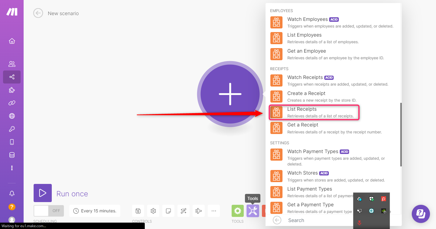 select the List Receipts Module