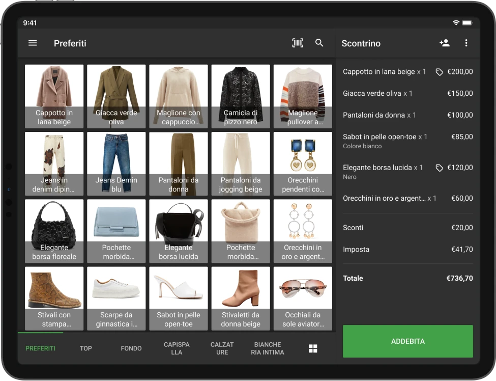 Aggiungi vestiti e accessori allo scontrino
